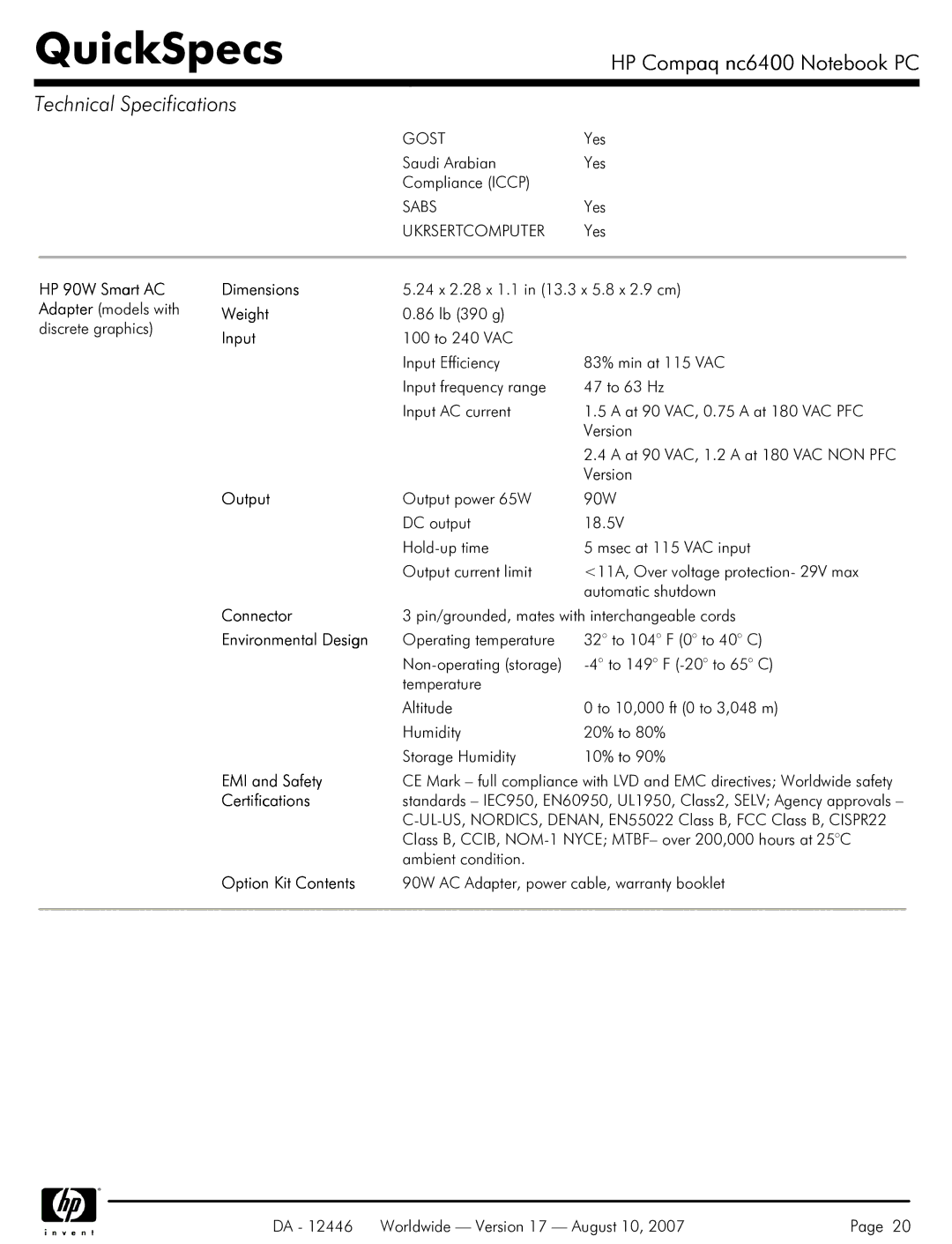 HP NC6400 manual Dimensions, Input, Output, Connector, Environmental Design, EMI and Safety, Option Kit Contents 