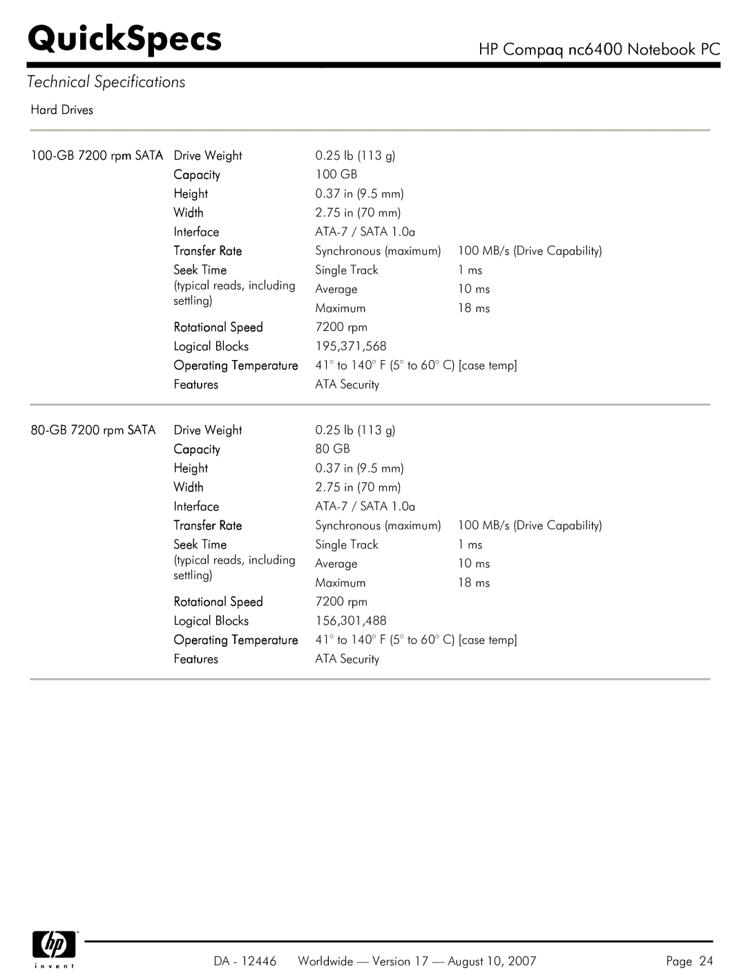 HP NC6400 Hard Drives 100-GB 7200 rpm Sata Drive Weight, Capacity, Height, Width, Interface, Transfer Rate, Seek Time 