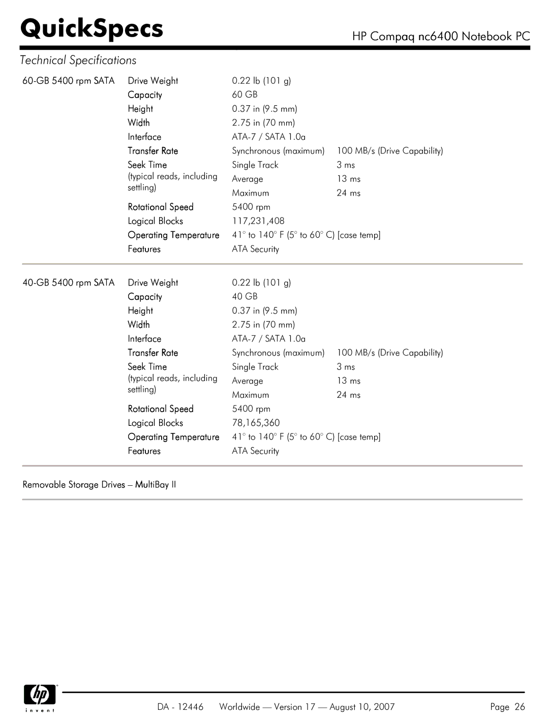 HP NC6400 manual 60-GB 5400 rpm Sata Drive Weight, 40-GB 5400 rpm Sata Drive Weight, 40 GB, 78,165,360 