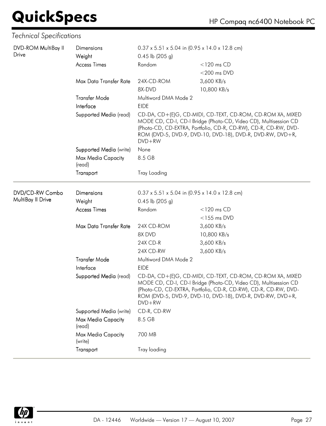 HP NC6400 manual DVD-ROM MultiBay Dimensions, Access Times, Max Data Transfer Rate, Transfer Mode, Supported Media read 