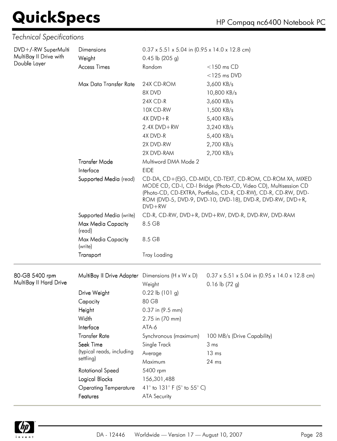 HP NC6400 manual 80-GB 5400 rpm, MultiBay II Hard Drive 