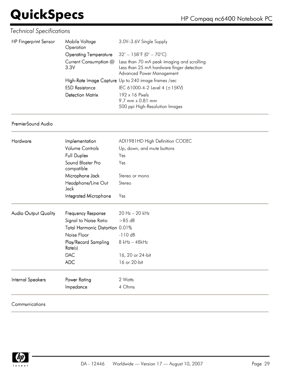 HP NC6400 HP Fingerprint Sensor Mobile Voltage, Operation Operating Temperature, ESD Resistance, Detection Matrix, Rate s 