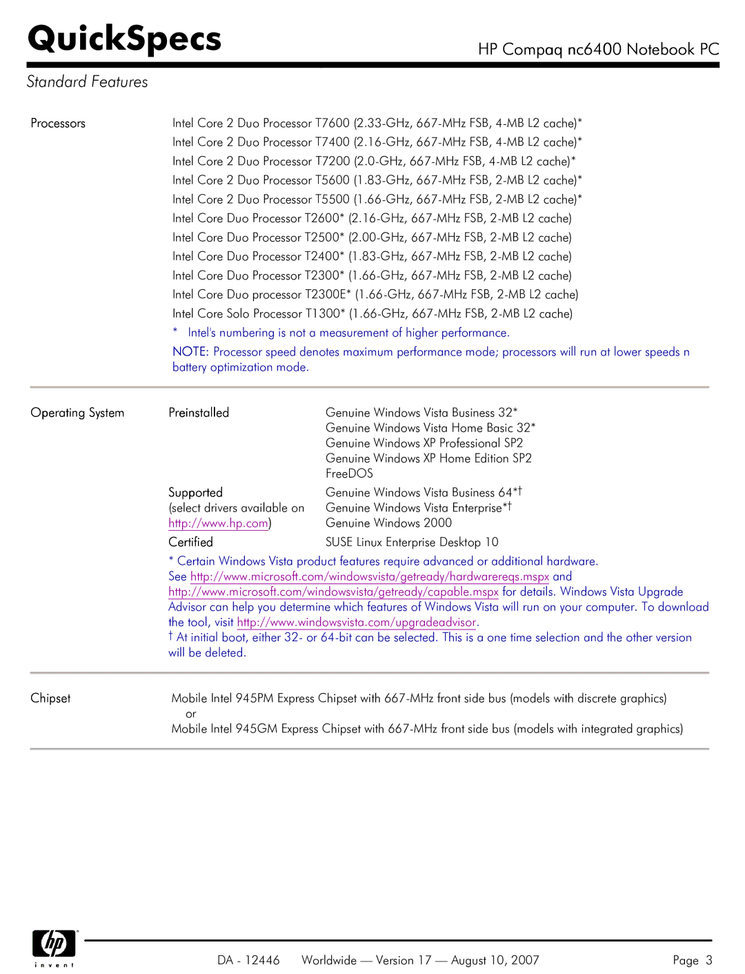 HP NC6400 manual Processors, Operating System Preinstalled, Supported, Certified, Chipset 