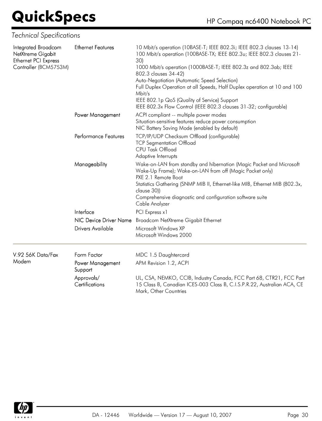 HP NC6400 manual Integrated Broadcom Ethernet Features, NetXtreme Gigabit, Ethernet PCI Express Controller BCM5753M 