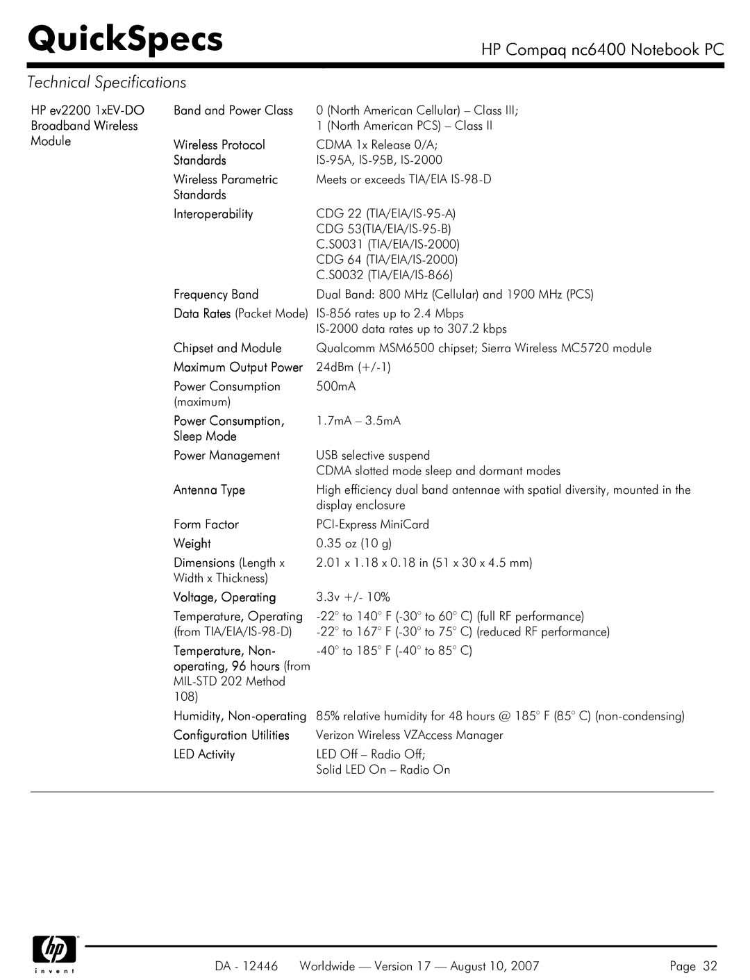 HP NC6400 Band and Power Class, Wireless Protocol, Wireless Parametric, Standards Interoperability, Frequency Band 