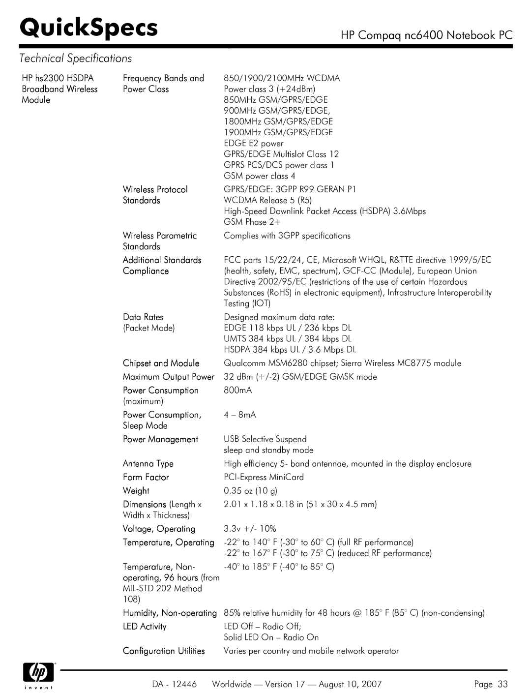 HP NC6400 HP hs2300 Hsdpa Frequency Bands, Broadband Wireless Power Class, Standards Additional Standards, Compliance 