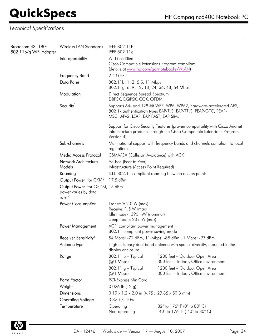 HP NC6400 Broadcom 4311BG, 802.11b/g WiFi Adapter, Modulation, Sub-channels, Media Access Protocol, Network Architecture 