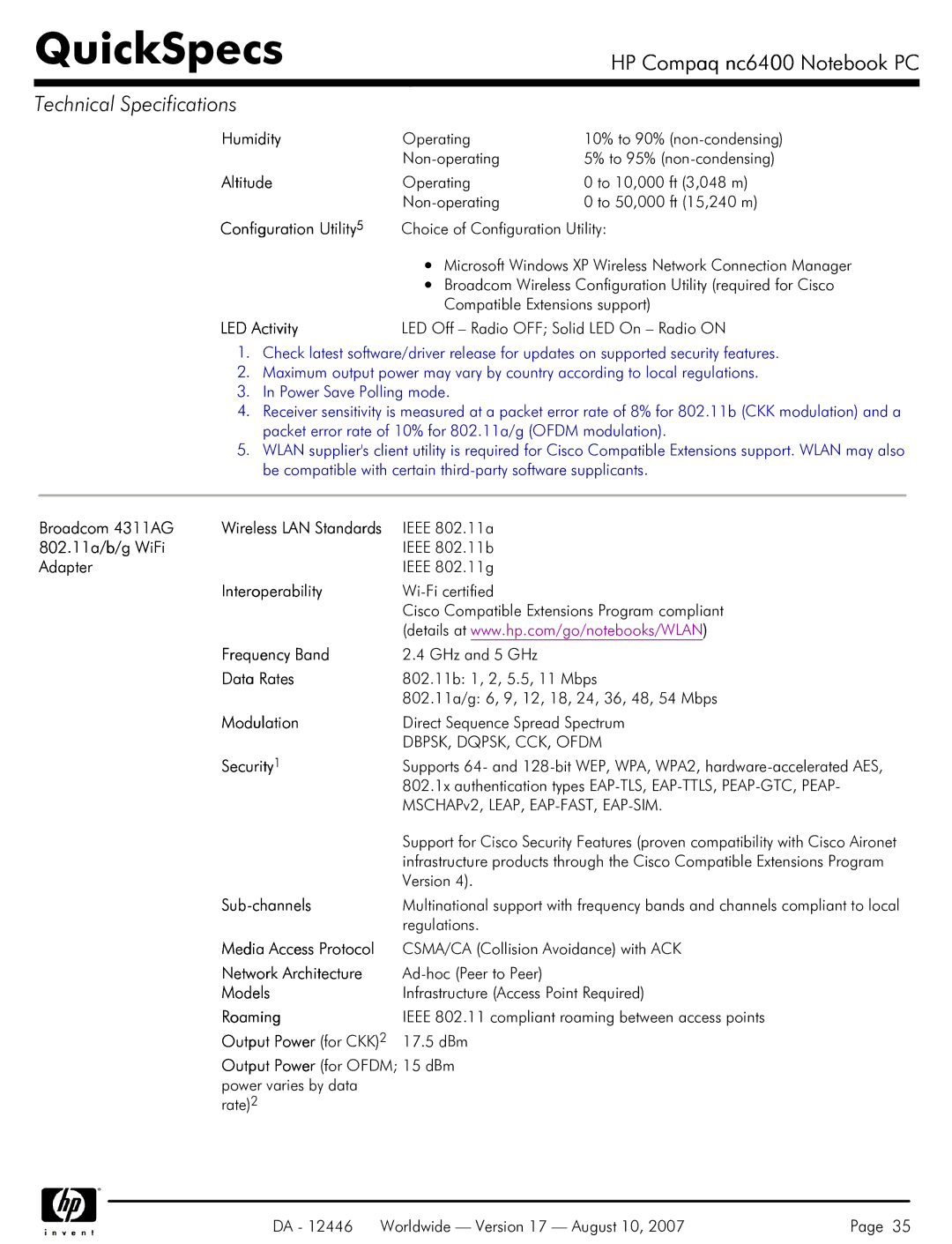 HP NC6400 manual Humidity, Configuration Utility, Broadcom 4311AG, 802.11a/b/g WiFi 