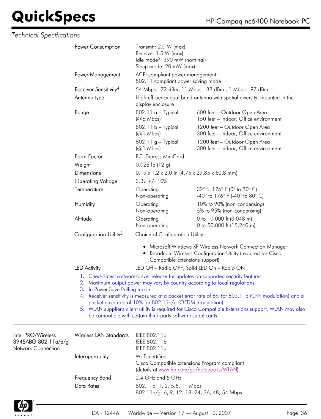 HP NC6400 manual 3945ABG 802.11a/b/g, Network Connection 