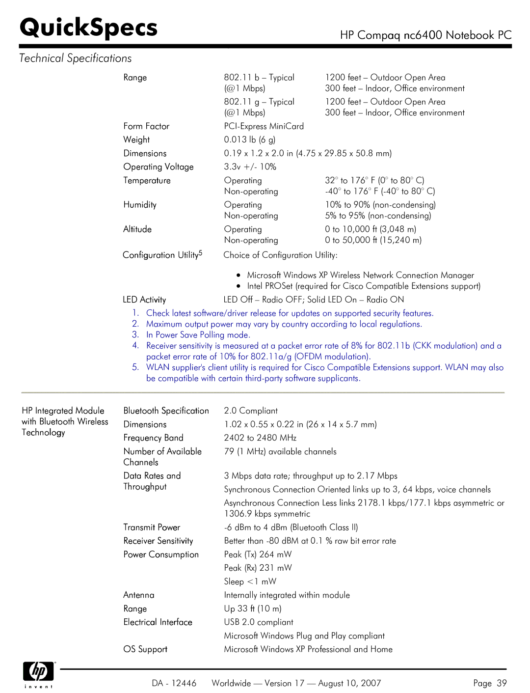 HP NC6400 manual HP Integrated Module Bluetooth Specification, With Bluetooth Wireless Dimensions, Technology, Throughput 