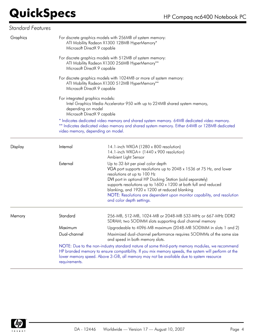 HP NC6400 manual Graphics, Display Internal, External, Memory Standard, Maximum, Dual-channel 