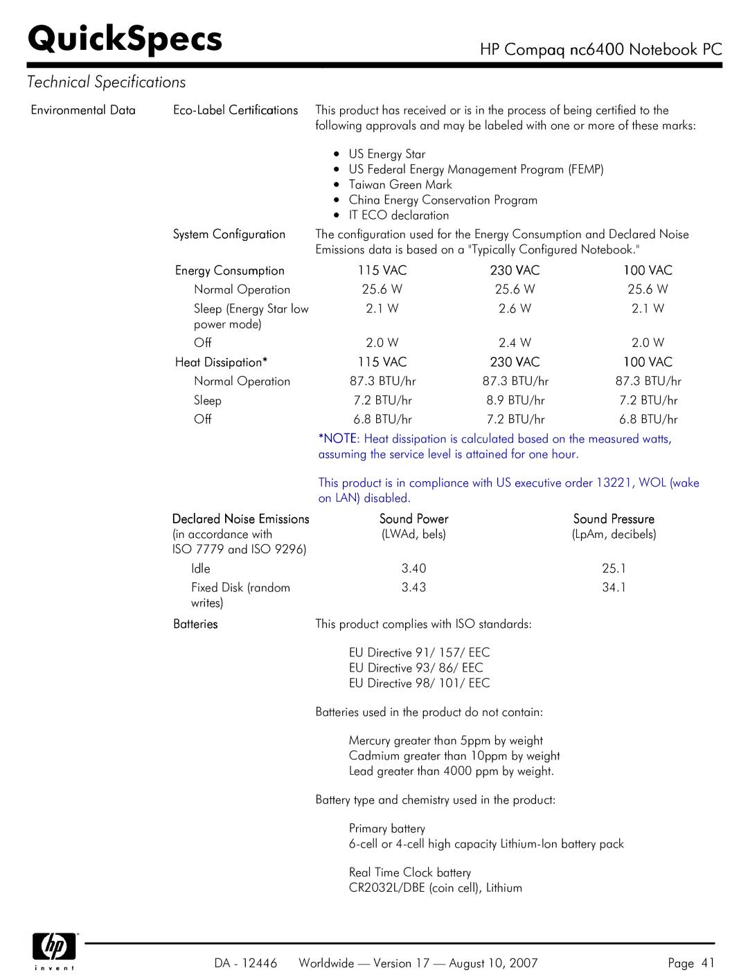 HP NC6400 manual Environmental Data, System Configuration, Energy Consumption 115 VAC 230 VAC 100 VAC, Batteries 