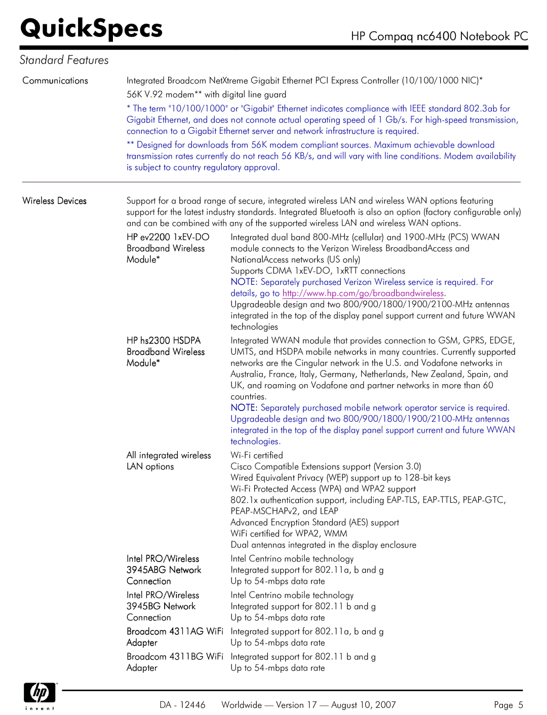 HP NC6400 Communications, Wireless Devices, HP ev2200 1xEV-DO, Broadband Wireless, Module, HP hs2300 Hsdpa, LAN options 
