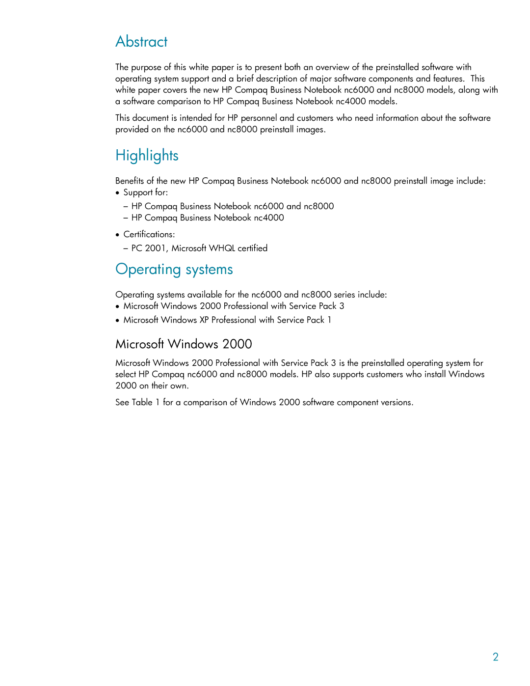 HP nc8000 manual Abstract, Highlights, Operating systems, Microsoft Windows 