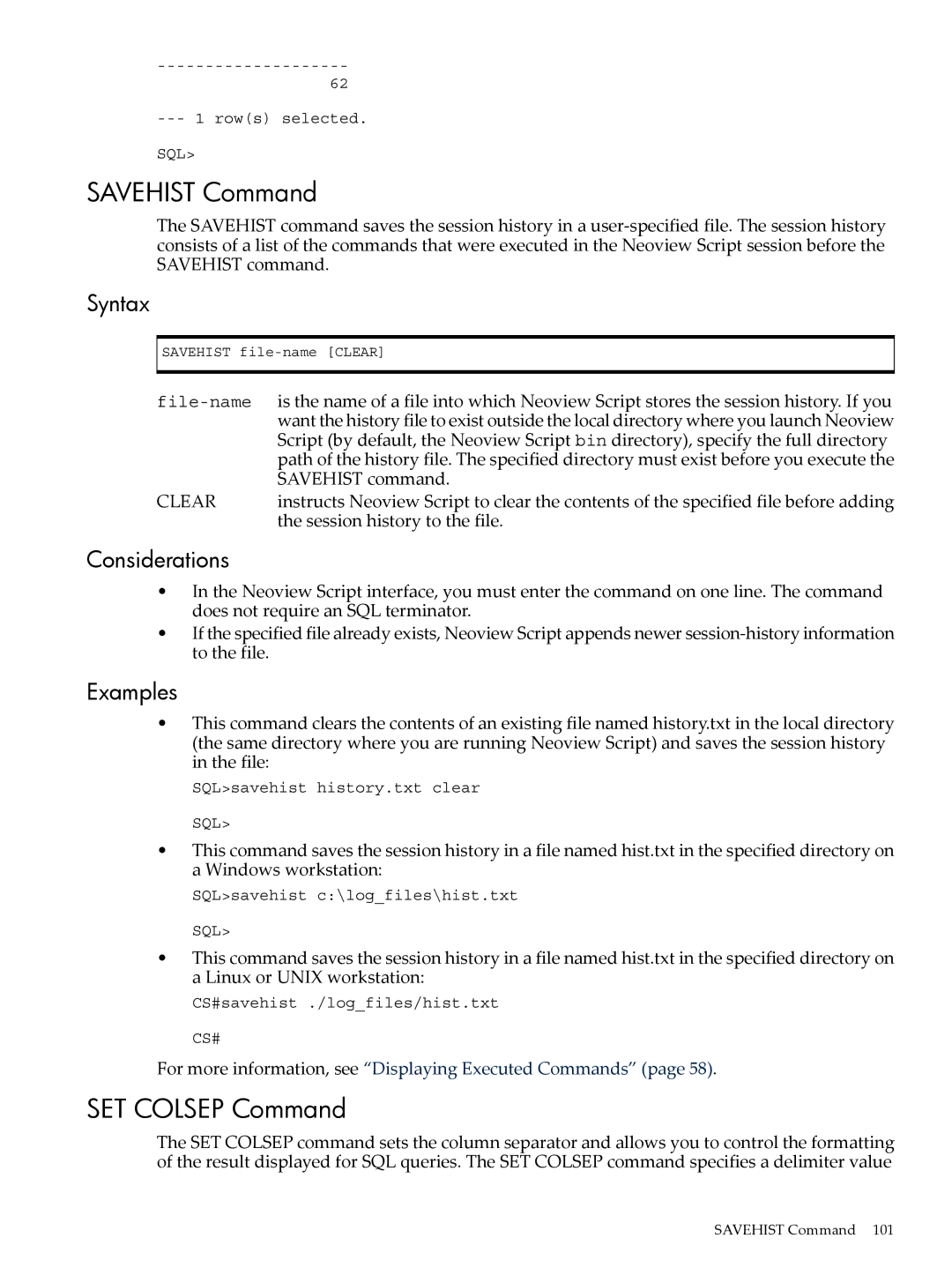 HP NEOVIEW 544530-001 manual Savehist Command, SET Colsep Command, Savehist command, Session history to the file 