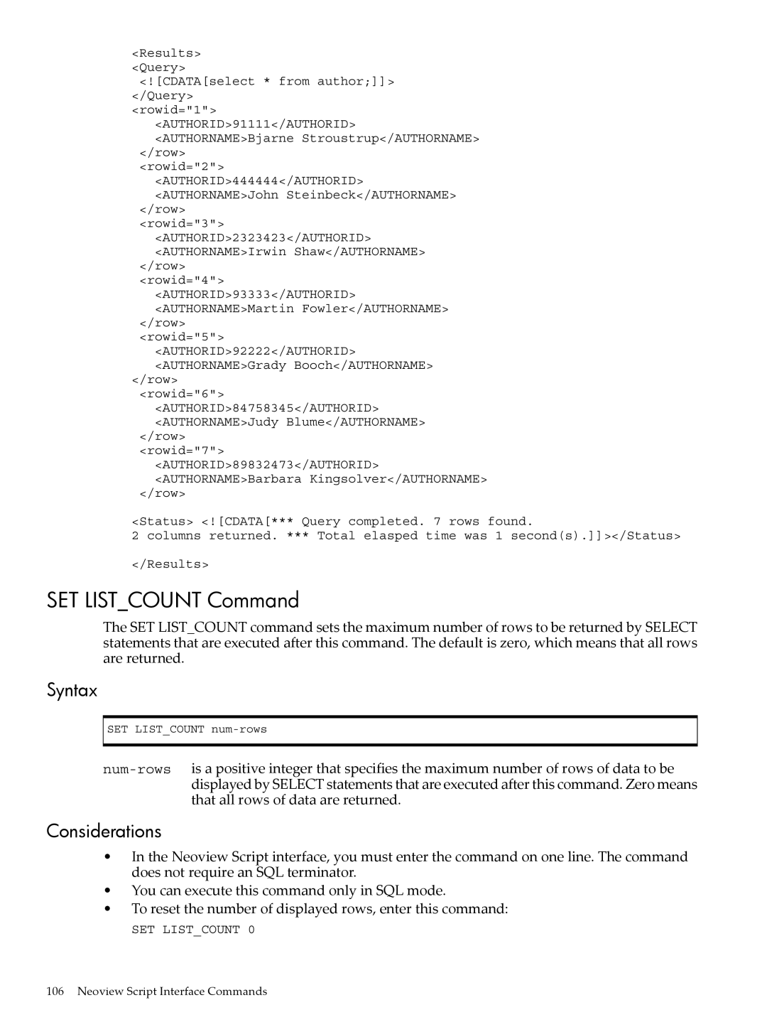 HP NEOVIEW 544530-001 manual SET Listcount Command 