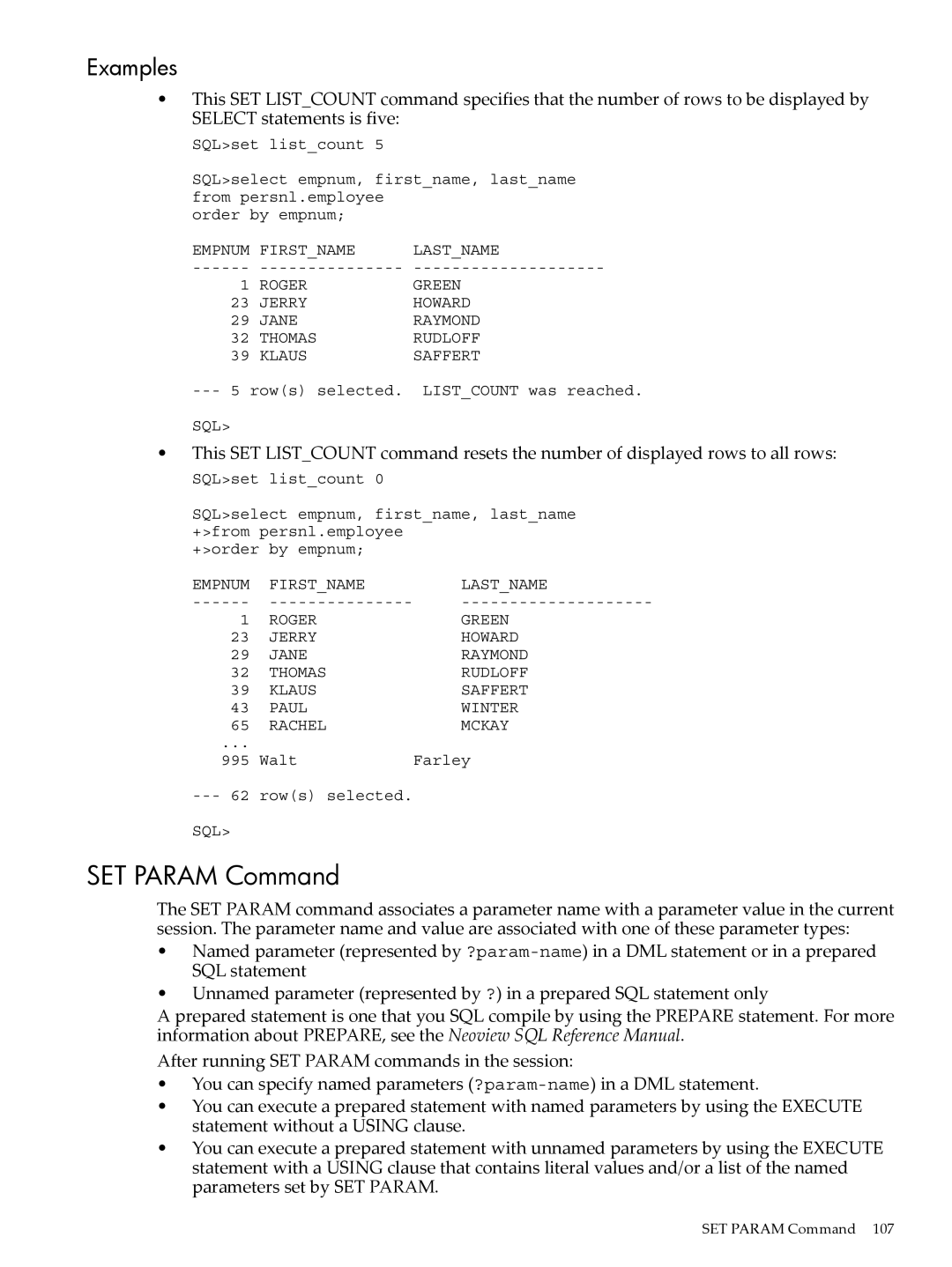 HP NEOVIEW 544530-001 manual SET Param Command, Examples 