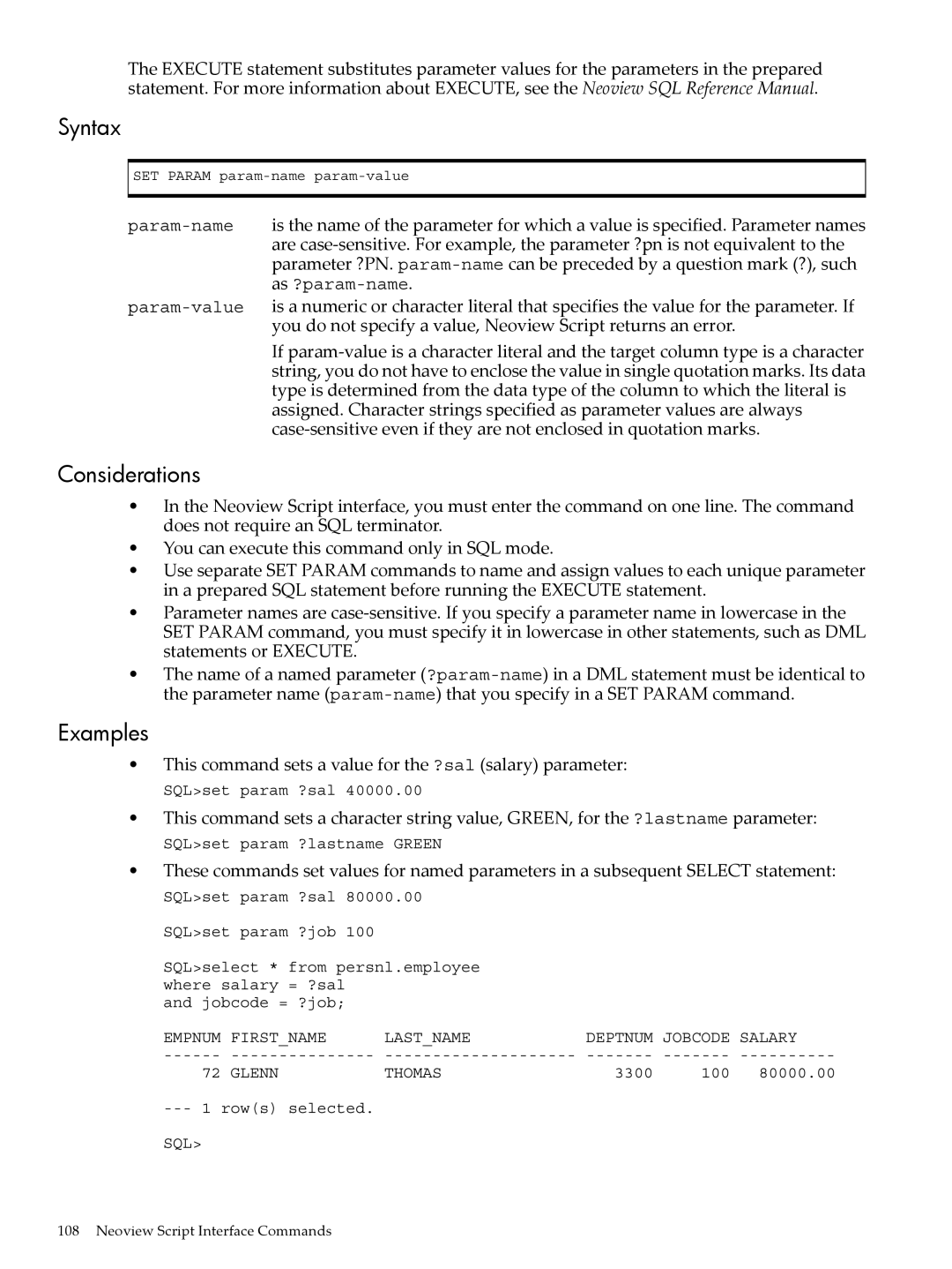 HP NEOVIEW 544530-001 manual This command sets a value for the ?sal salary parameter 