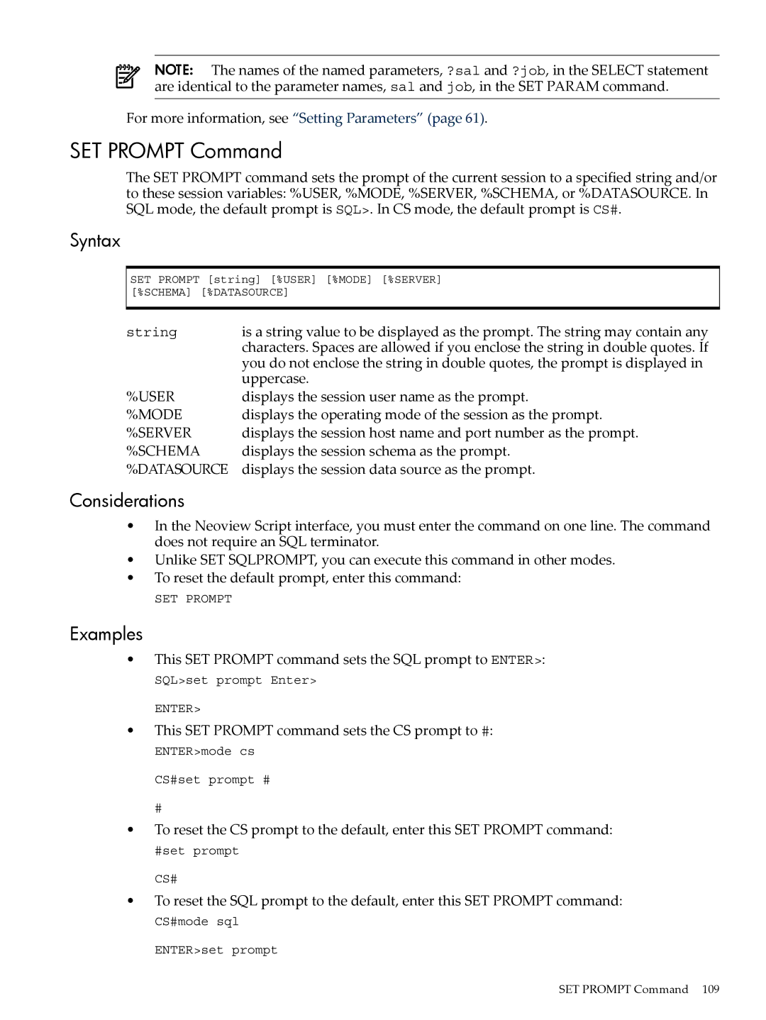 HP NEOVIEW 544530-001 manual SET Prompt Command 