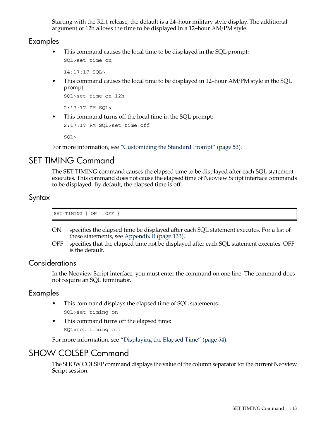 HP NEOVIEW 544530-001 manual SET Timing Command, Show Colsep Command 