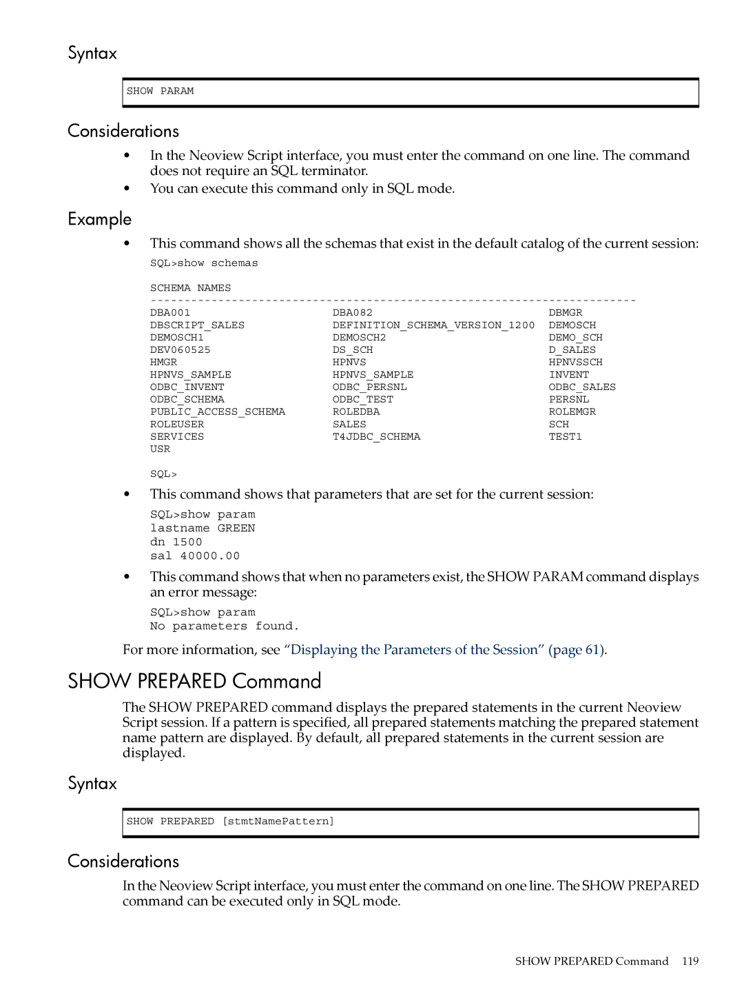 HP NEOVIEW 544530-001 manual Show Prepared Command, Example 