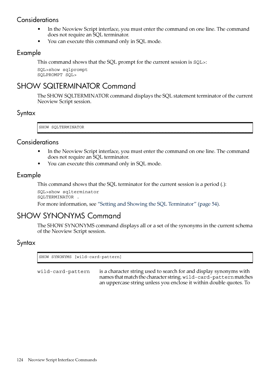 HP NEOVIEW 544530-001 manual Show Sqlterminator Command, Show Synonyms Command 