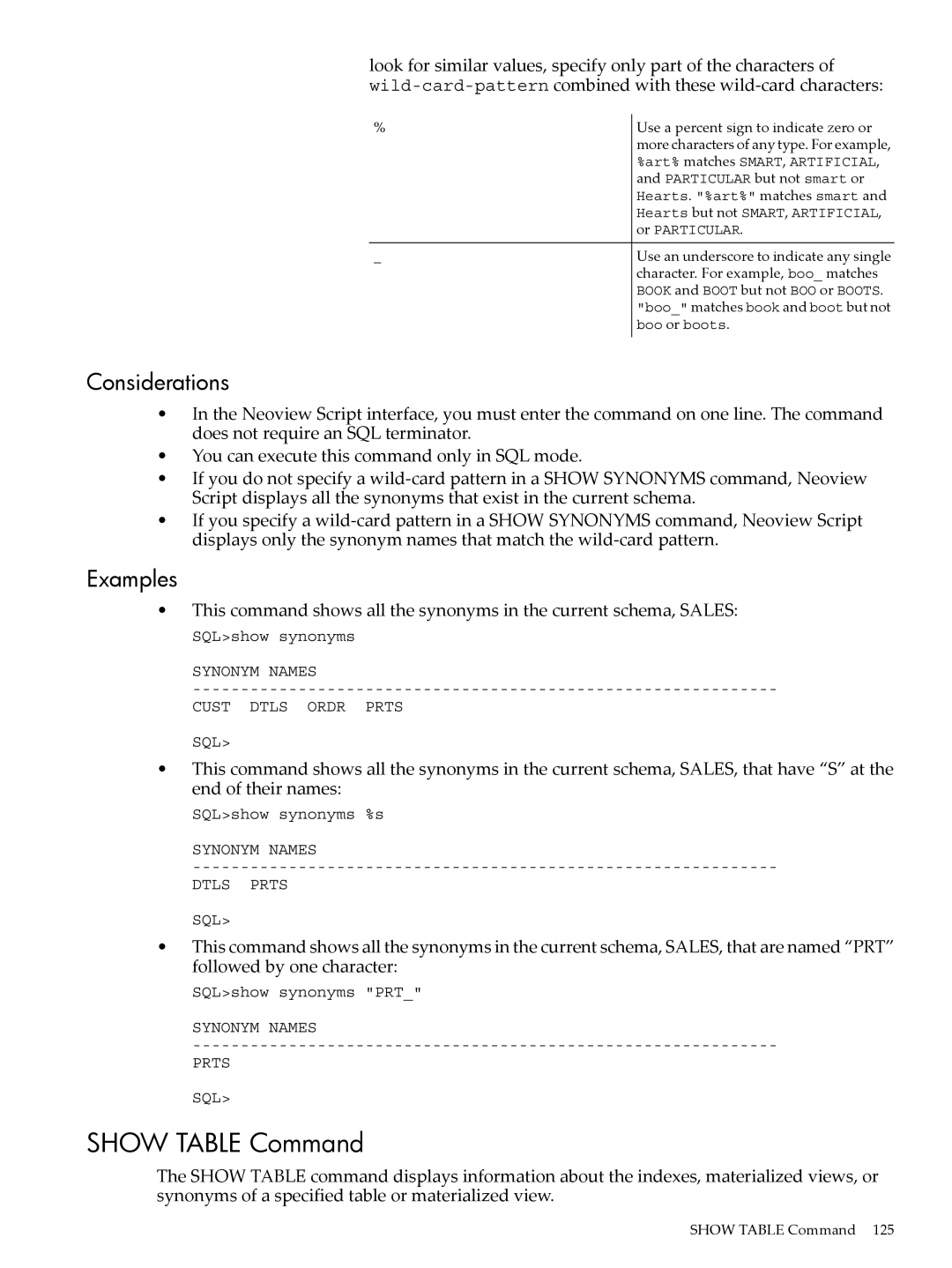 HP NEOVIEW 544530-001 manual Show Table Command 