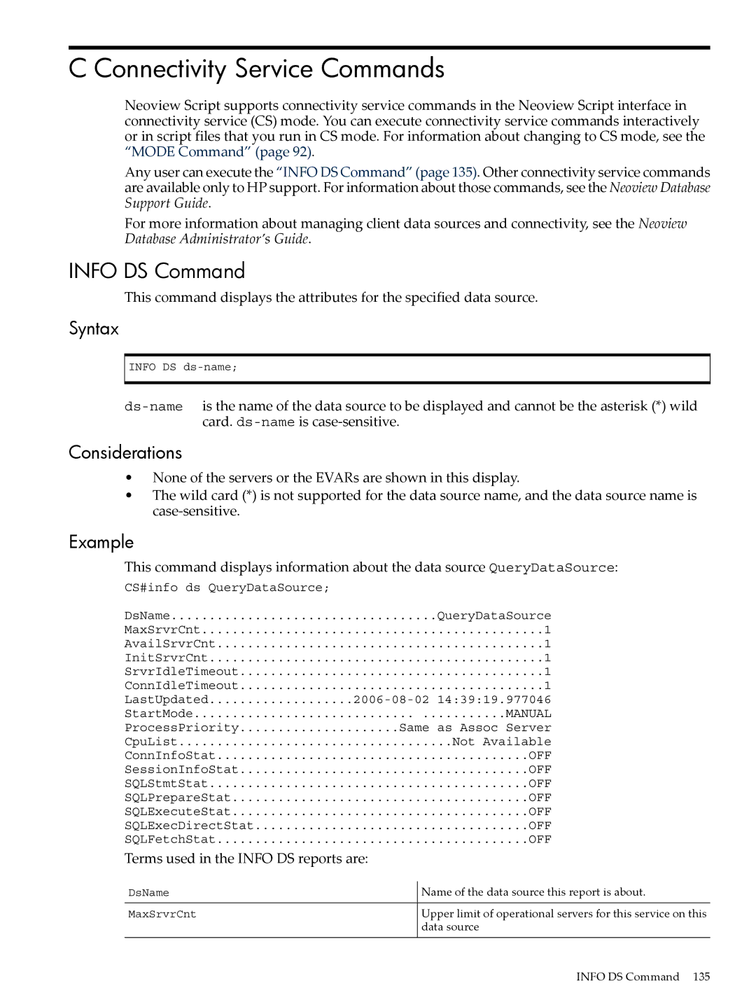 HP NEOVIEW 544530-001 manual Connectivity Service Commands, Info DS Command, Terms used in the Info DS reports are 