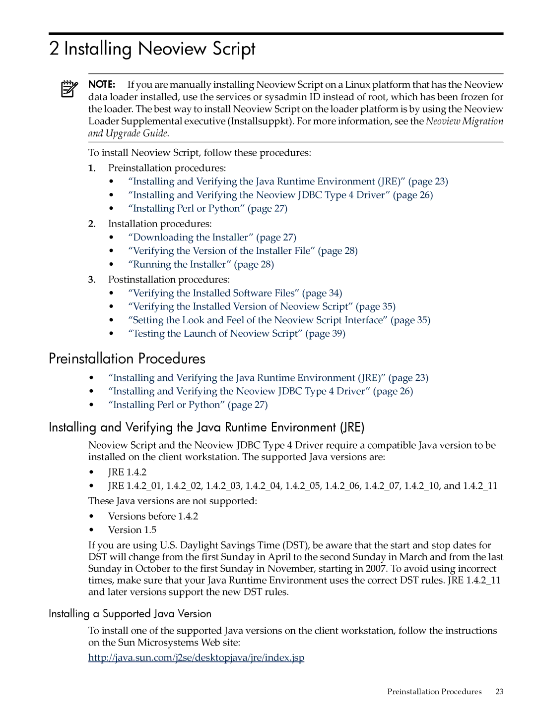 HP NEOVIEW 544530-001 manual Installing Neoview Script, Preinstallation Procedures, Installing a Supported Java Version 