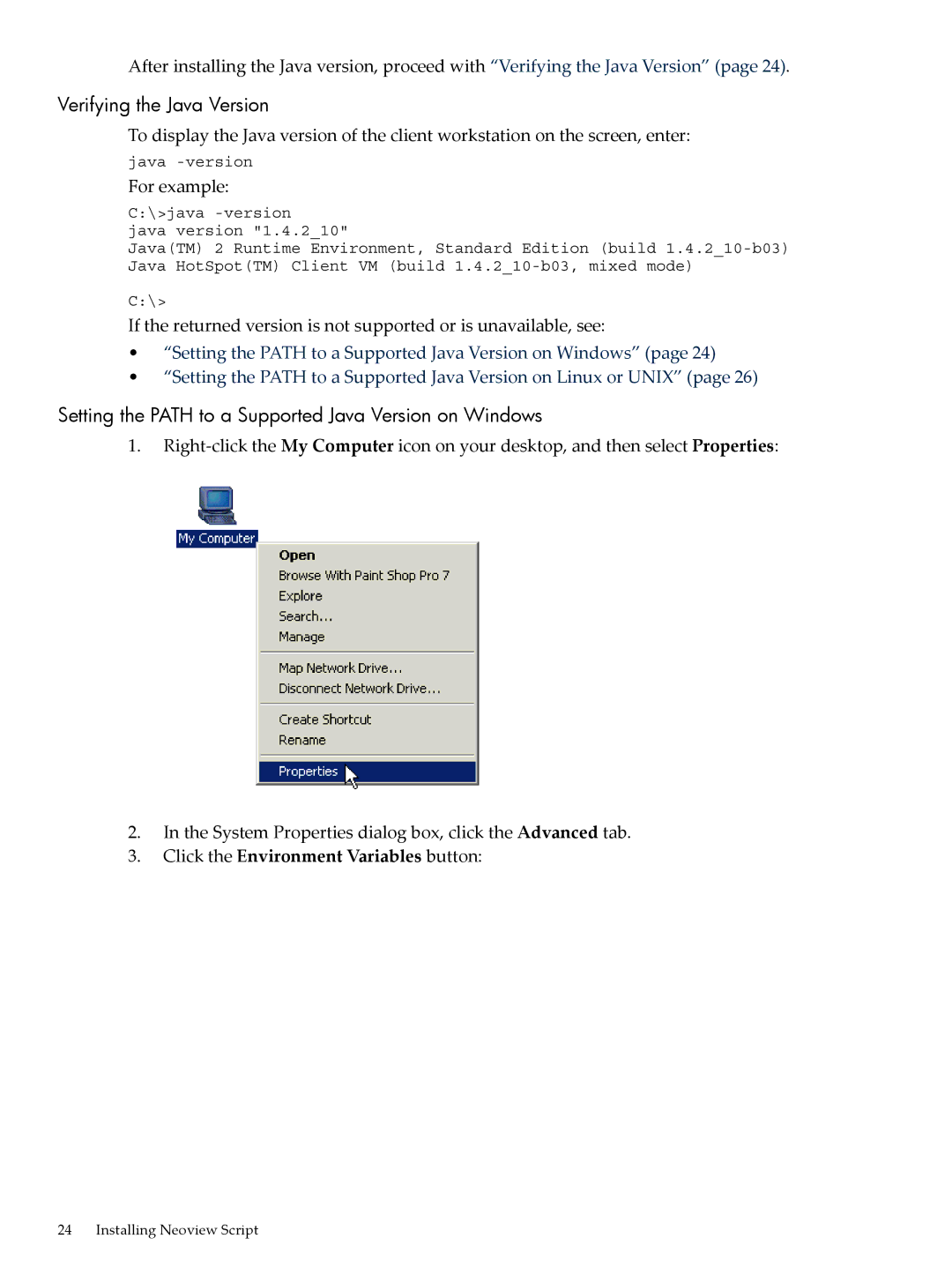 HP NEOVIEW 544530-001 manual Verifying the Java Version, Setting the Path to a Supported Java Version on Windows 