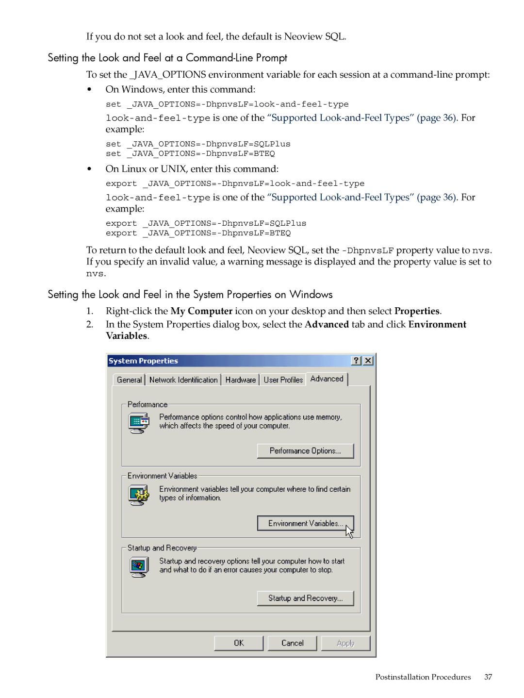 HP NEOVIEW 544530-001 manual Setting the Look and Feel at a Command-Line Prompt, On Linux or UNIX, enter this command 