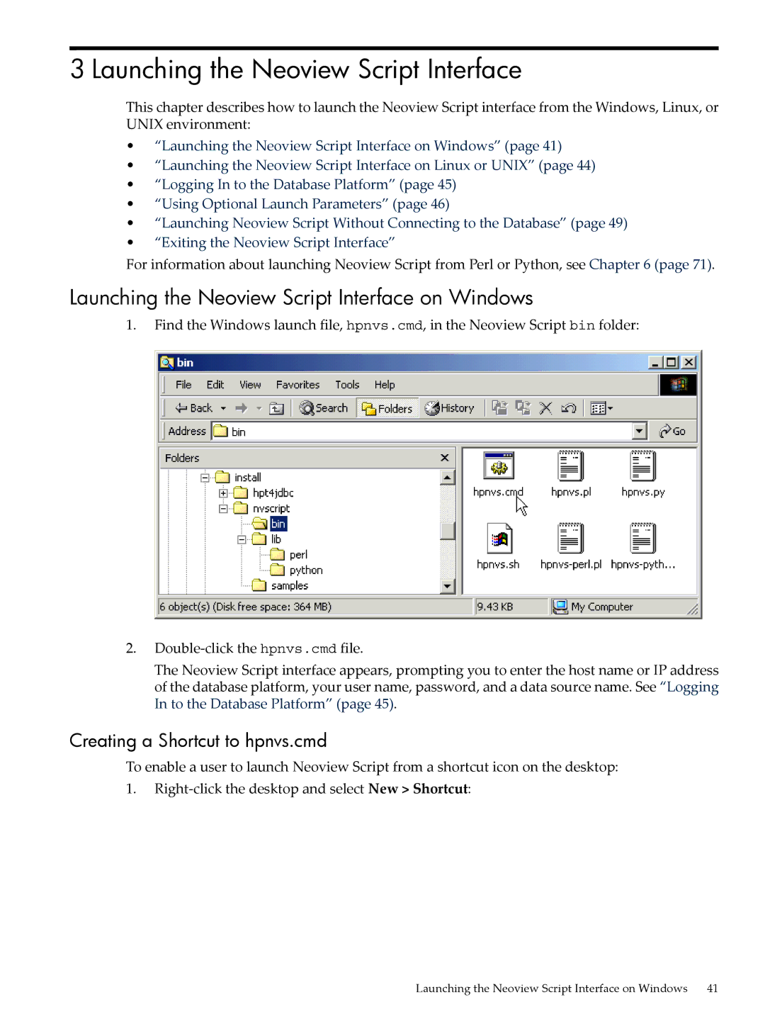 HP NEOVIEW 544530-001 manual Launching the Neoview Script Interface on Windows, Creating a Shortcut to hpnvs.cmd 