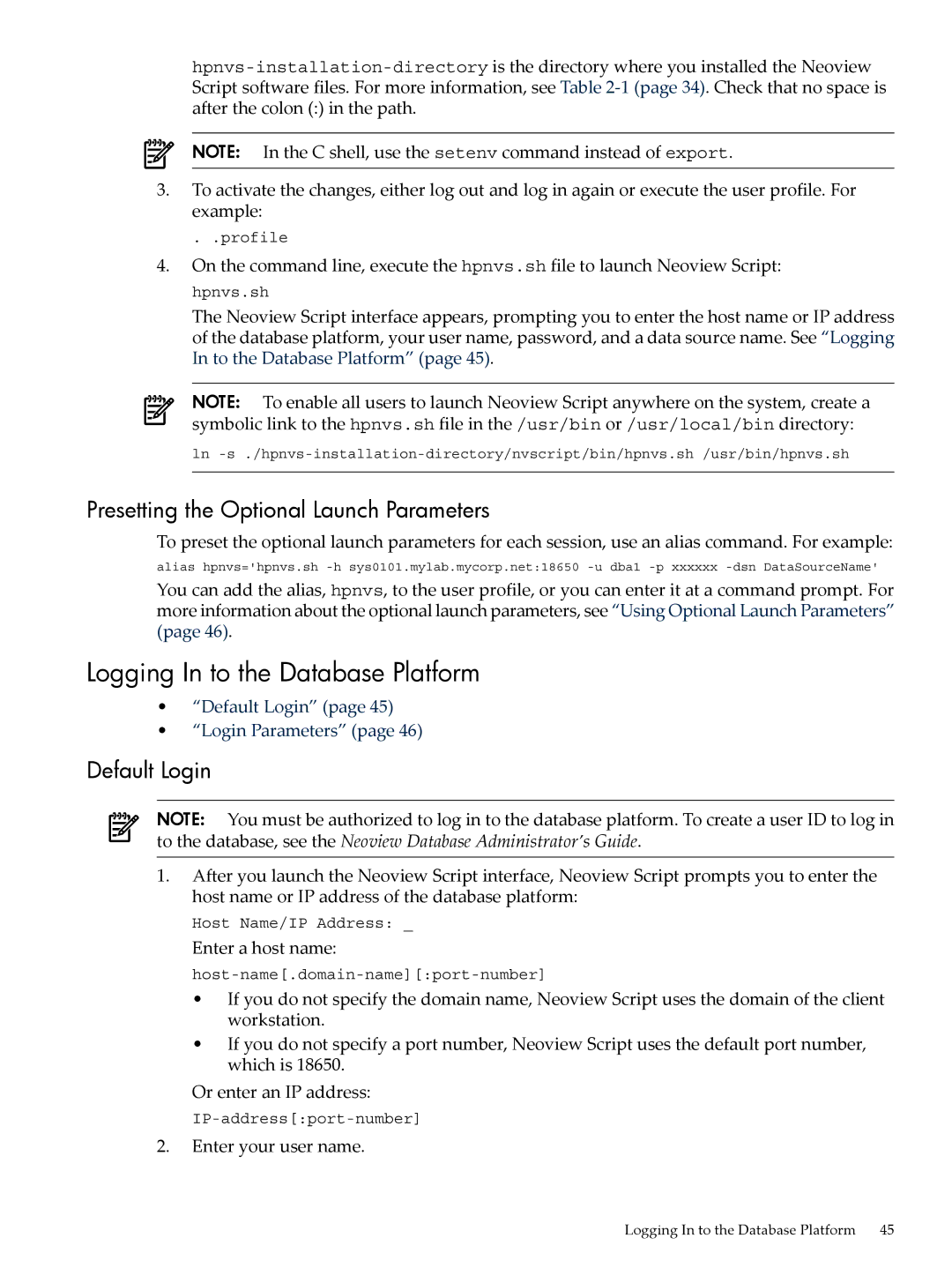 HP NEOVIEW 544530-001 manual Logging In to the Database Platform, Presetting the Optional Launch Parameters, Default Login 