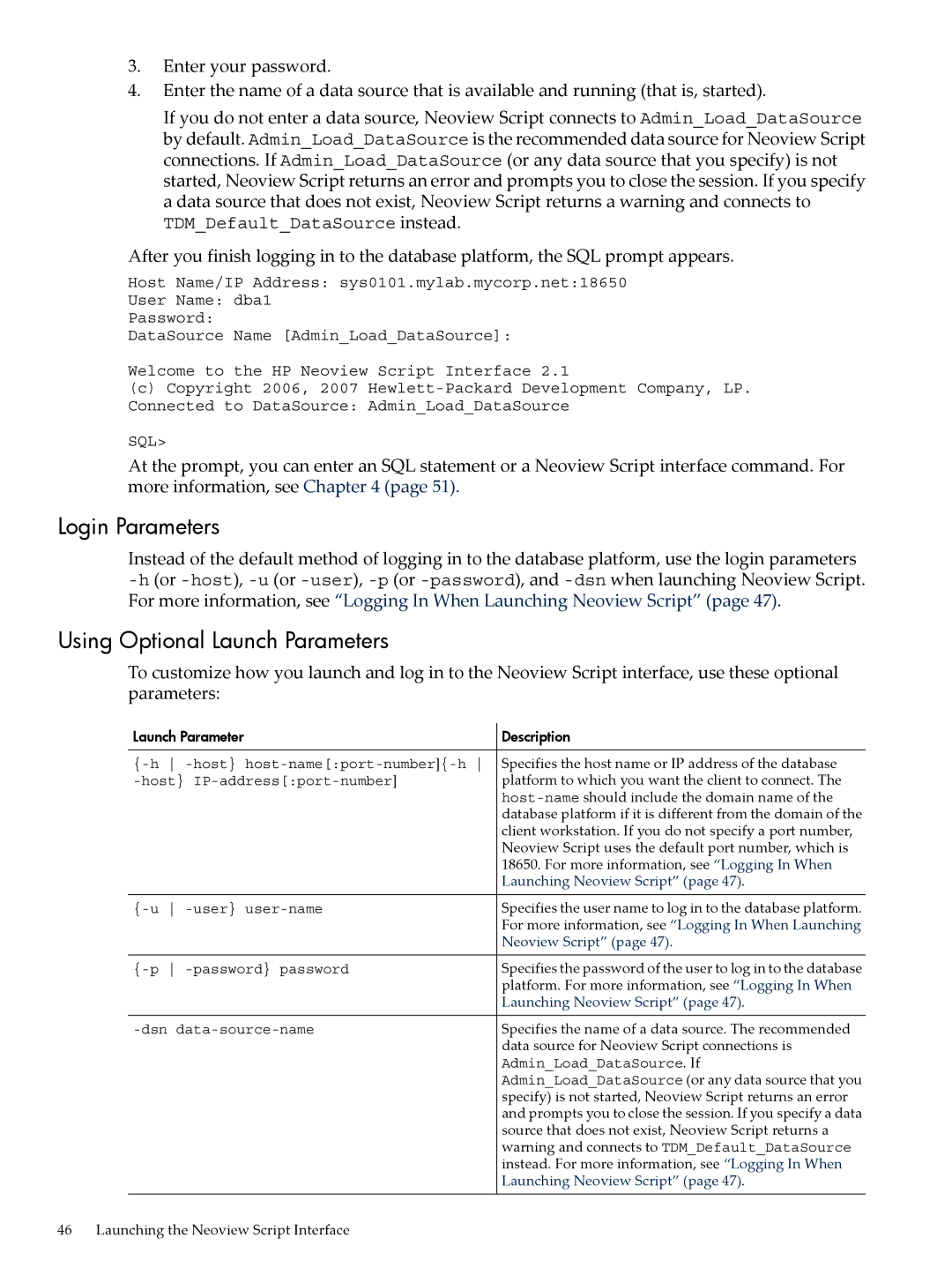HP NEOVIEW 544530-001 manual Login Parameters, Using Optional Launch Parameters 