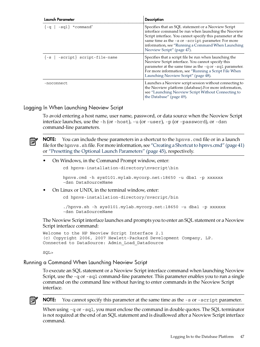 HP NEOVIEW 544530-001 manual Logging In When Launching Neoview Script, Running a Command When Launching Neoview Script 