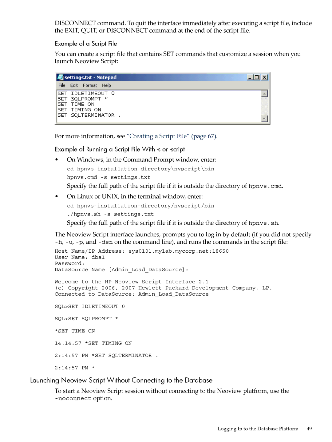 HP NEOVIEW 544530-001 manual Launching Neoview Script Without Connecting to the Database 