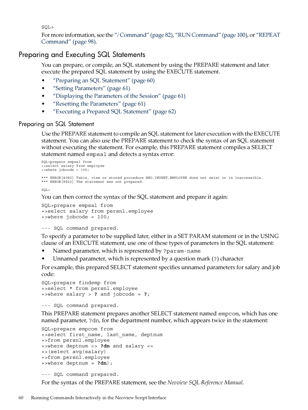 HP NEOVIEW 544530-001 manual Preparing and Executing SQL Statements, Preparing an SQL Statement 