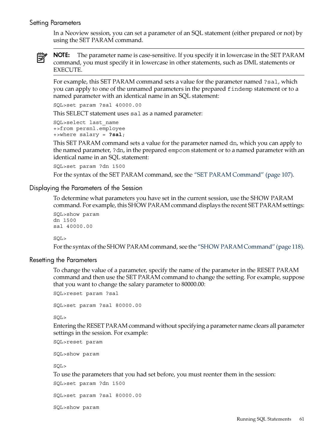 HP NEOVIEW 544530-001 manual Setting Parameters, Displaying the Parameters of the Session, Resetting the Parameters 