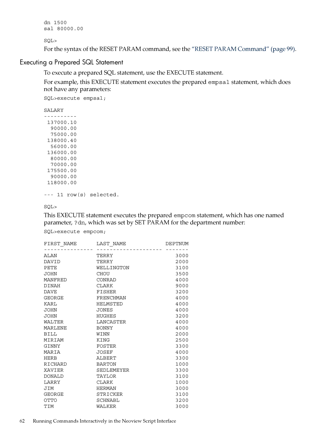 HP NEOVIEW 544530-001 manual Executing a Prepared SQL Statement 