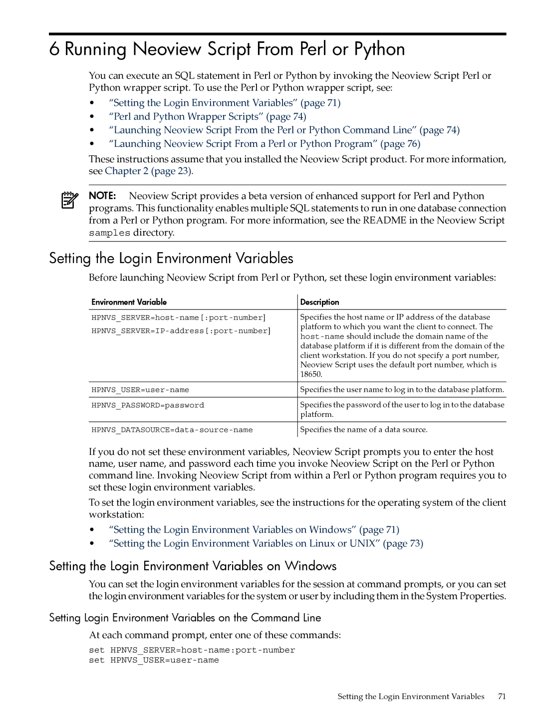 HP NEOVIEW 544530-001 manual Running Neoview Script From Perl or Python, Setting the Login Environment Variables 