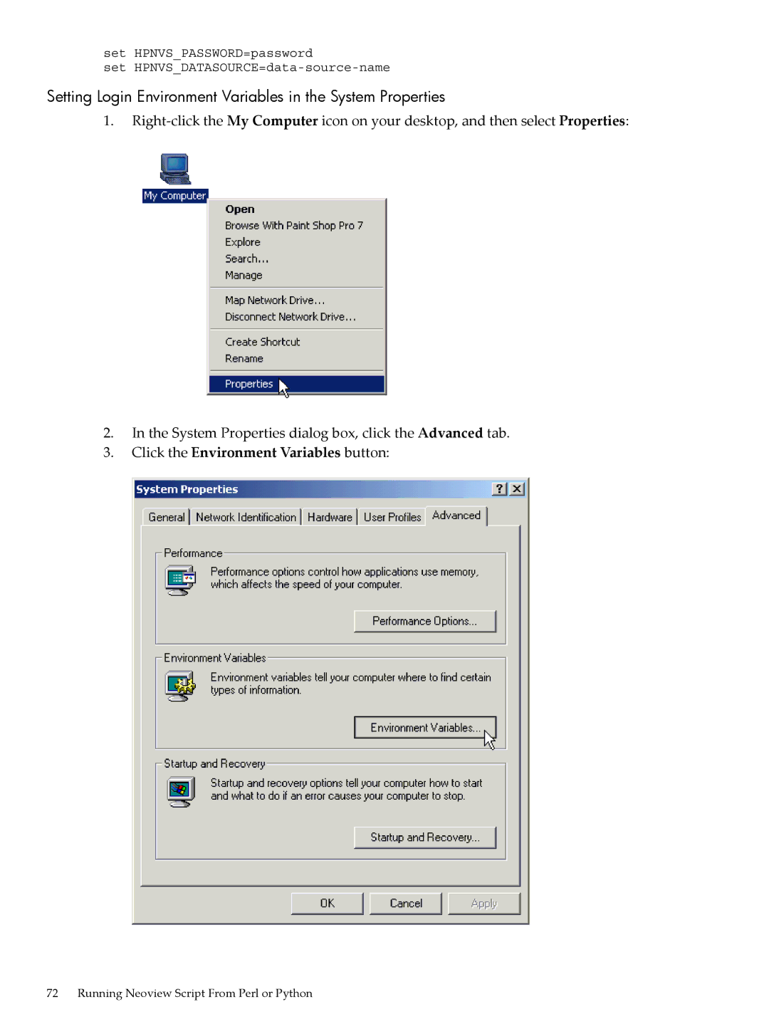 HP NEOVIEW 544530-001 manual Setting Login Environment Variables in the System Properties 