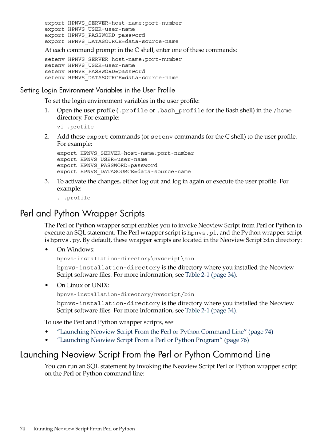 HP NEOVIEW 544530-001 manual Perl and Python Wrapper Scripts, Setting Login Environment Variables in the User Profile 