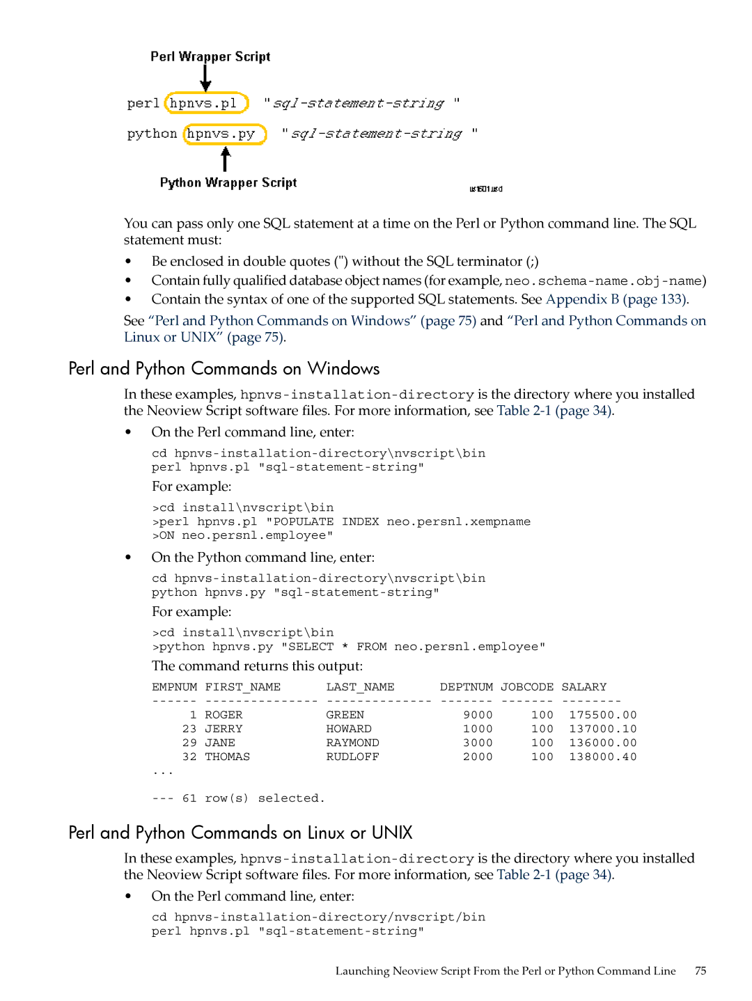 HP NEOVIEW 544530-001 manual Perl and Python Commands on Windows, Perl and Python Commands on Linux or Unix 