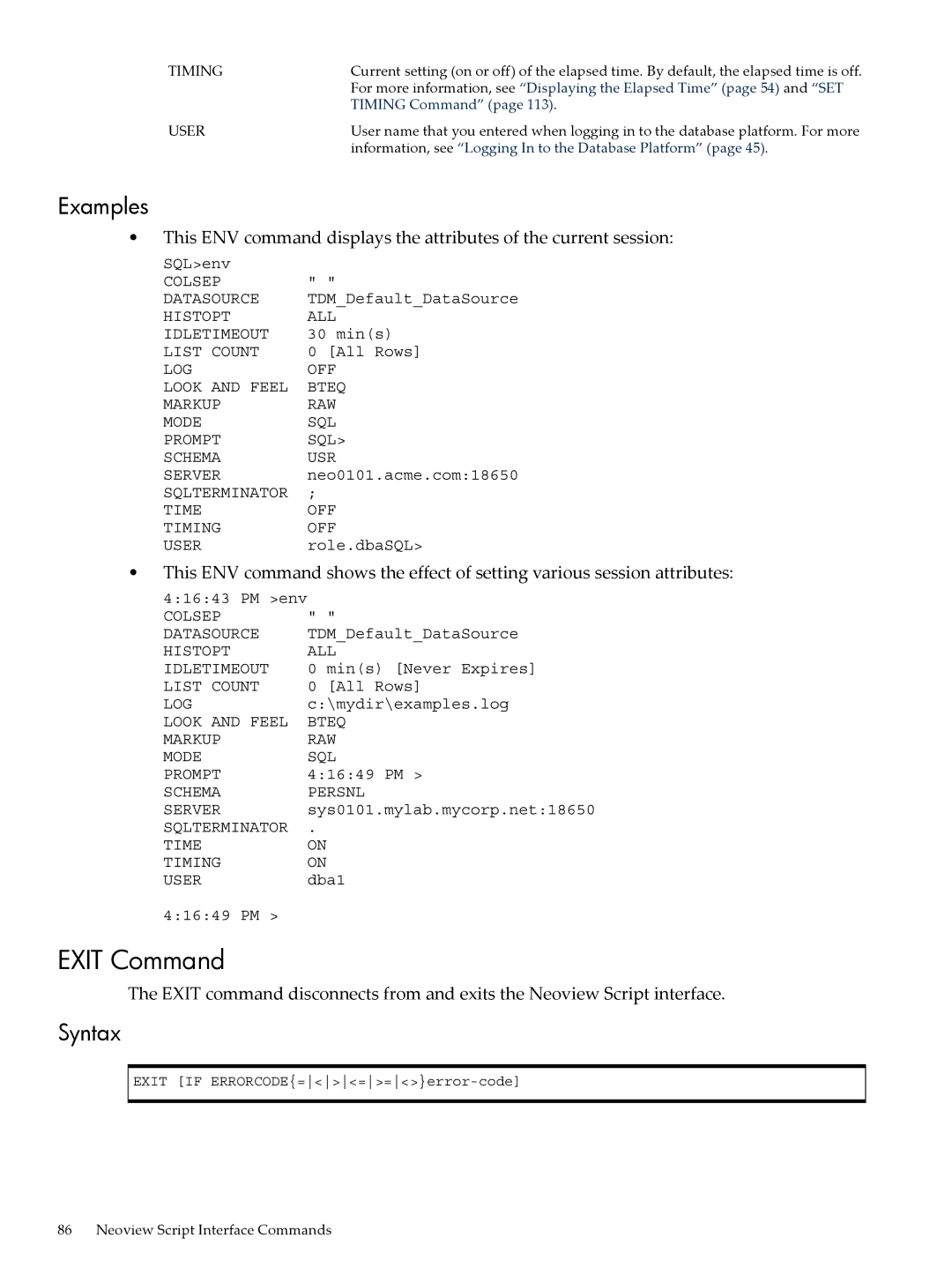 HP NEOVIEW 544530-001 manual Exit Command, Timing 