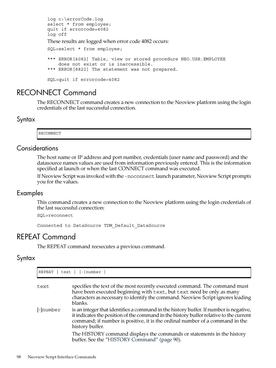 HP NEOVIEW 544530-001 manual Reconnect Command, Repeat Command, Repeat command reexecutes a previous command, Blanks 