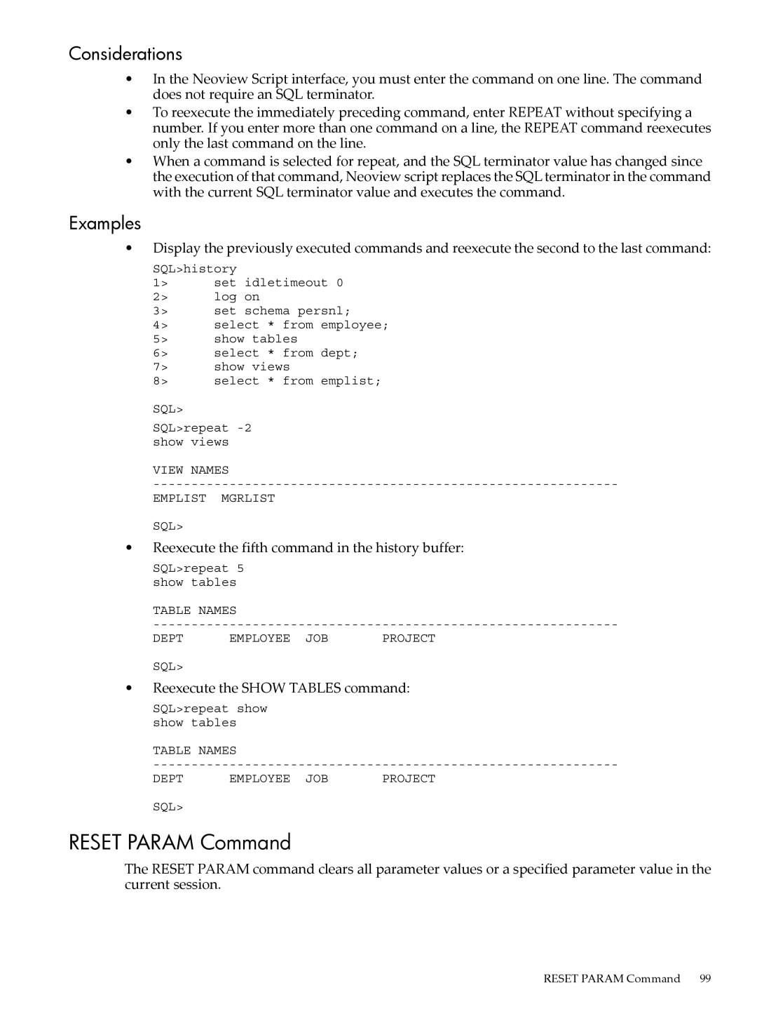 HP NEOVIEW 544530-001 manual Reset Param Command, Reexecute the fifth command in the history buffer 