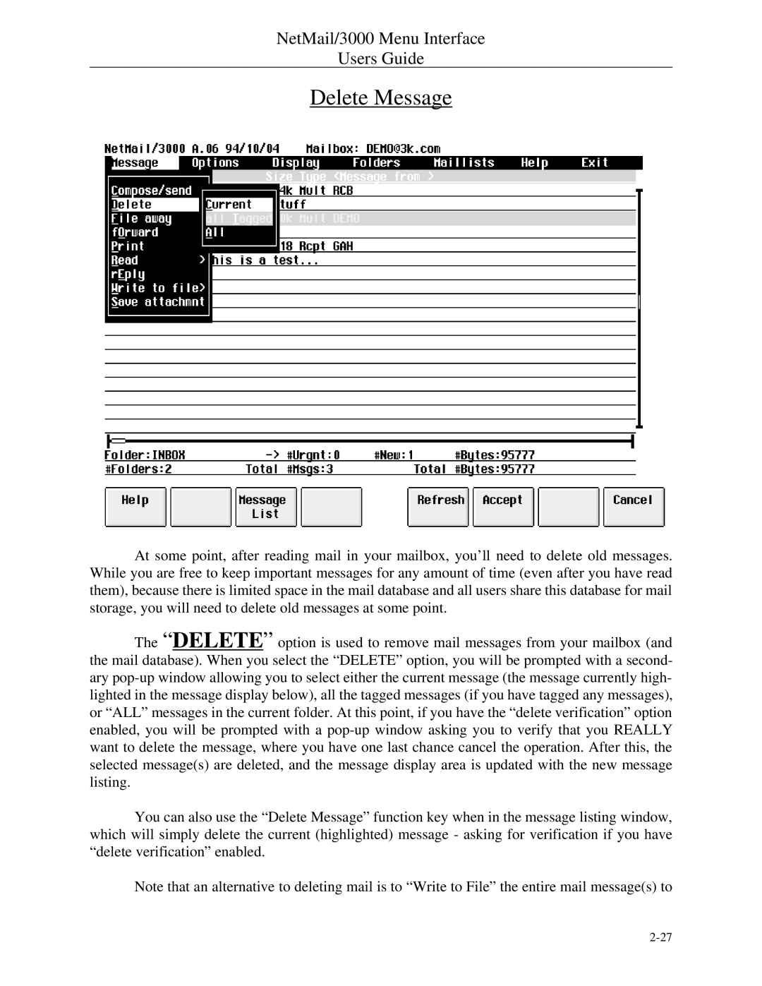 HP NetMail/3000 manual Delete Message 