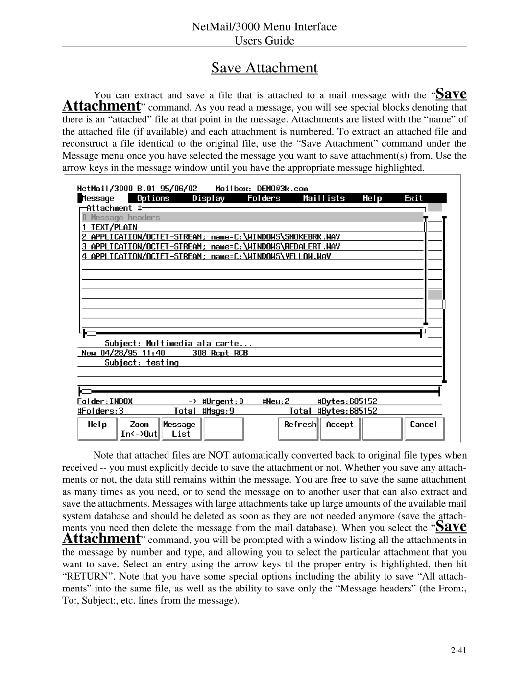 HP NetMail/3000 manual Save Attachment 