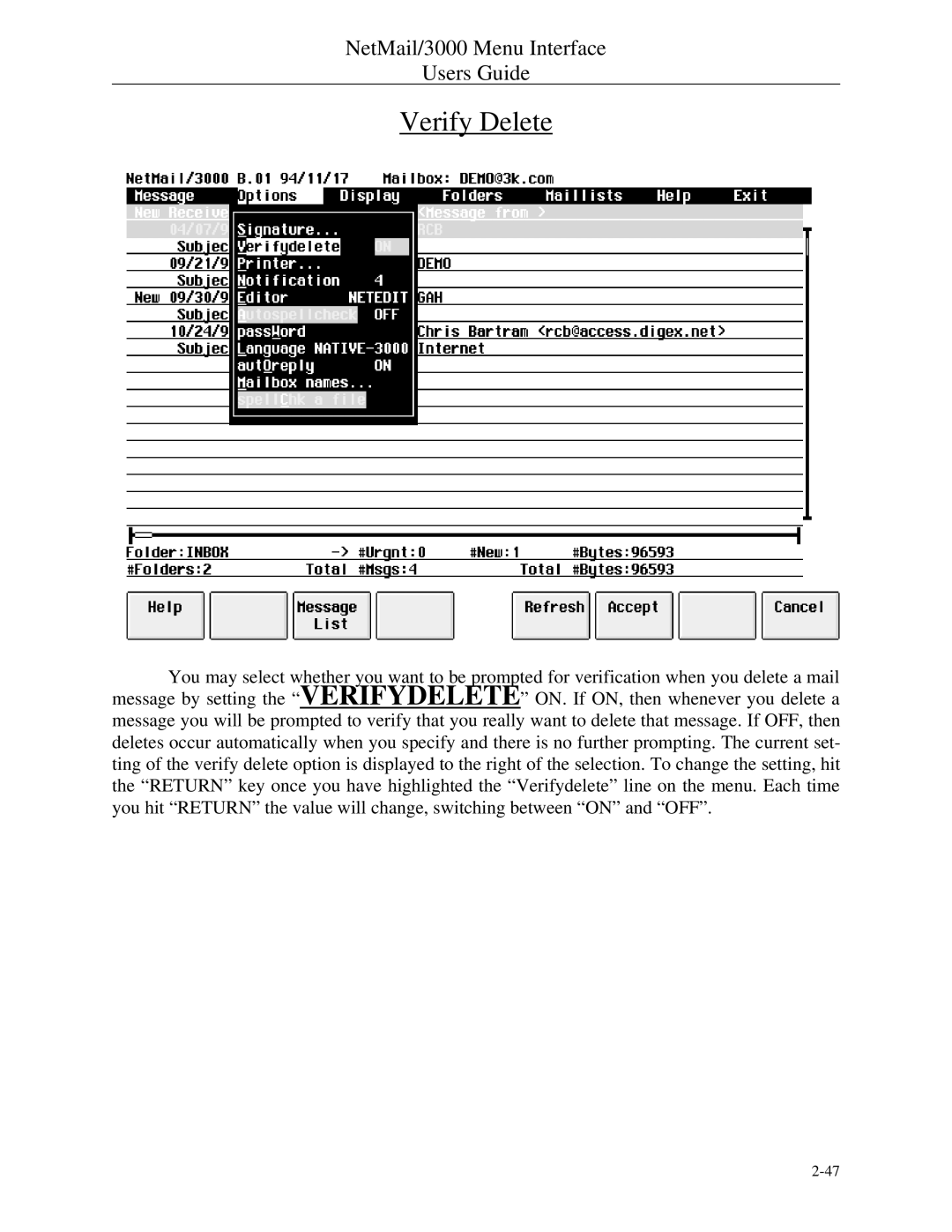 HP NetMail/3000 manual Verify Delete 