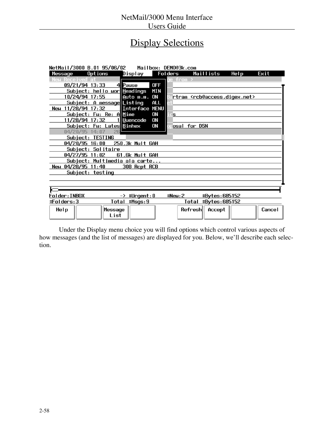 HP NetMail/3000 manual Display Selections 